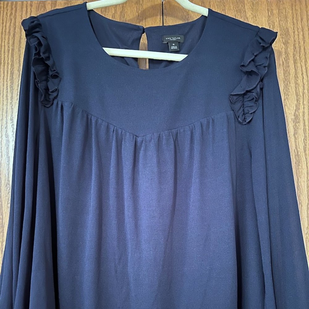 Ann Taylor Factory NWOT navy blue, long-sleeve blouse with chiffon sleeves XL